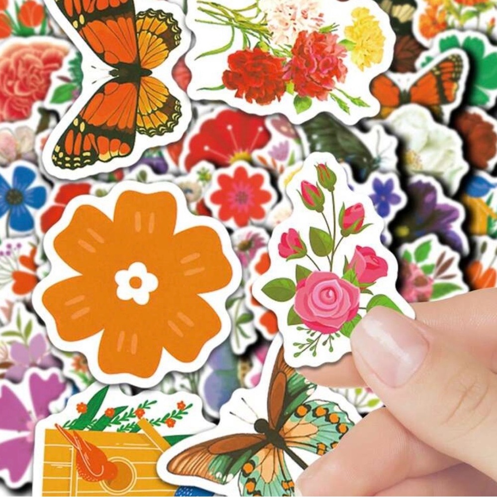 100 Colorful Flower Stickers Insects Nature Garden Blossoms - Picture 6 of 11